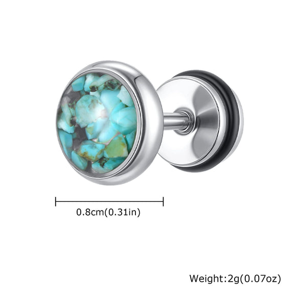 Men's Street Stainless Steel Geometric Epoxy Turquoise Round Pierced Earrings Electroplated