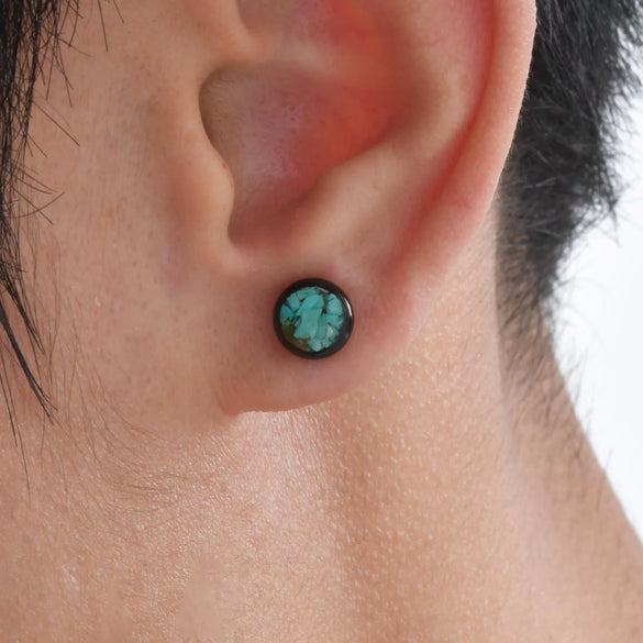 Men's Street Stainless Steel Geometric Epoxy Turquoise Round Pierced Earrings Electroplated