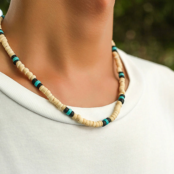 Men's Surfer Wooden Bead Necklace Handmade Geometric Style Coconut Shell Clavicle Chain