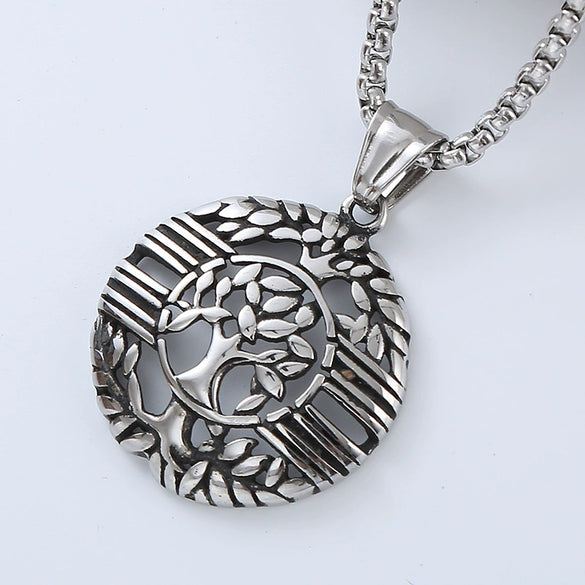 Men's Titanium Steel And Stainless Steel Retro Punk Style Geometric Tree Of Life Round Pendant Necklace Jewelry With Polishing Treatment
