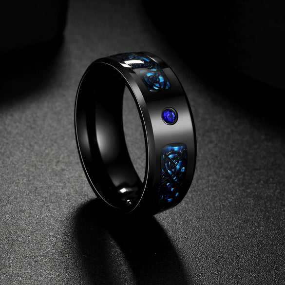 Men's Titanium Steel Geometric Pattern Ring With Blue Carbon Fiber And Diamond Design Electroplated
