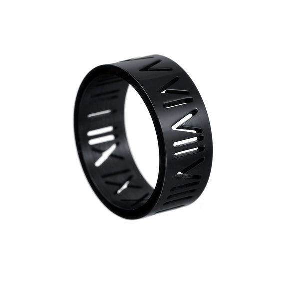 Men's Titanium Steel Ring With Cut Out Roman Numeral Pattern And Furnace Vacuum Electroplating