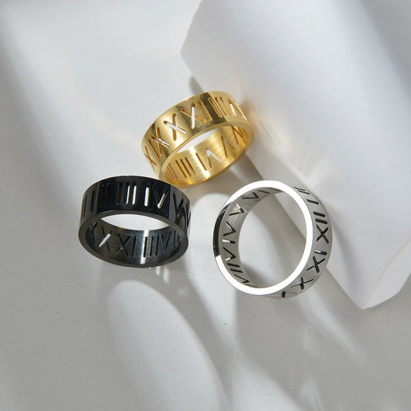 Men's Titanium Steel Ring With Cut Out Roman Numeral Pattern And Furnace Vacuum Electroplating