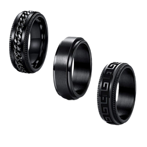 Men's Titanium Steel Rotating Decompression Ring Threepiece Set Black Electroplated Geometric Style