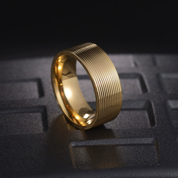 Men's Titanium Steel Threaded Geometric Ring With Vacuum Electroplating