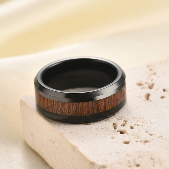 Men¡¯s Tungsten Steel Ring With Wood Grain Inlay Doublesided Geometric Design Retro Electroplated Finish Unisex Fashion Accessory