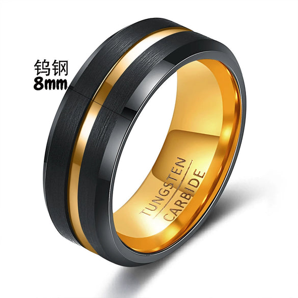 Men's Twotone Black Geometric Tungsten Steel Ring With Electroplated Finish Fashion Jewelry Wholesale