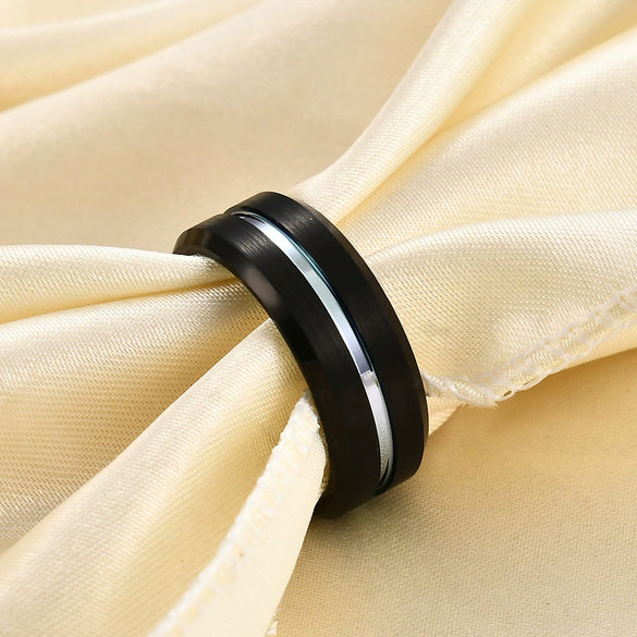Men's Twotone Black Geometric Tungsten Steel Ring With Electroplated Finish Fashion Jewelry Wholesale
