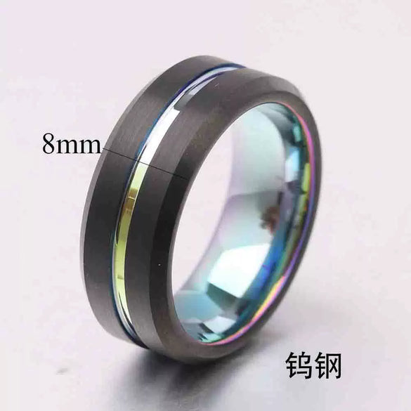 Men's Twotone Black Geometric Tungsten Steel Ring With Electroplated Finish Fashion Jewelry Wholesale
