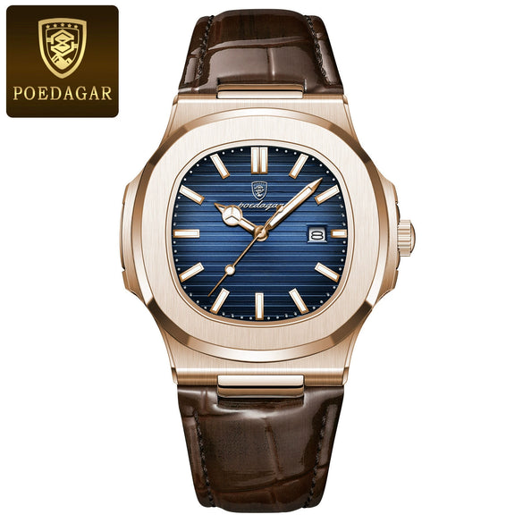 Men's Ultrathin Waterproof Luminous Quartz Watch Alloy Case Genuine Leather Strap Square Dial Stainless Steel Buckle Leisure Style