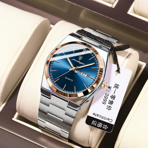 Men's Ultrathin Waterproof Luminous Quartz Watch Stainless Steel Strap Alloy Case Mineral Strengthened Glass Mirror Round Dial Leisure Style