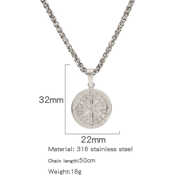 Men's Viking Nordic Style Metallic Compass Pendant Necklace With Ochain And Electroplating
