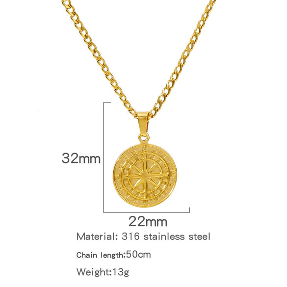 Men's Viking Nordic Style Metallic Compass Pendant Necklace With Ochain And Electroplating