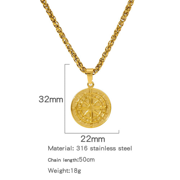 Men's Viking Nordic Style Metallic Compass Pendant Necklace With Ochain And Electroplating
