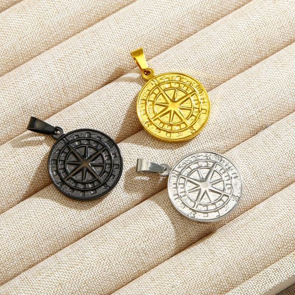 Men's Viking Nordic Style Stainless Steel Metallic Compass Pendant Necklace With Dripping Oil Design