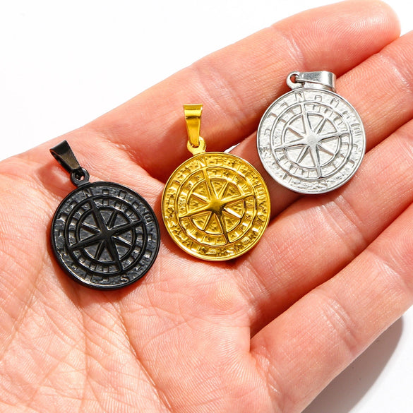 Men's Viking Nordic Style Stainless Steel Metallic Compass Pendant Necklace With Dripping Oil Design