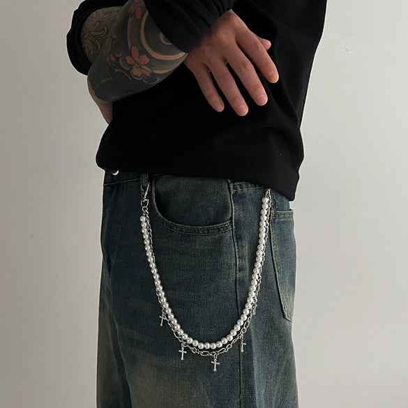Men's Waist Chain Pendant Pearl Cross Metal Purely Handmade