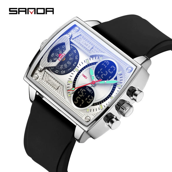 Men's Watch Zinc Alloy Case Belt Silicone Steel Belt Square Dial Highend Business Fashion Electronic Quartz Watch