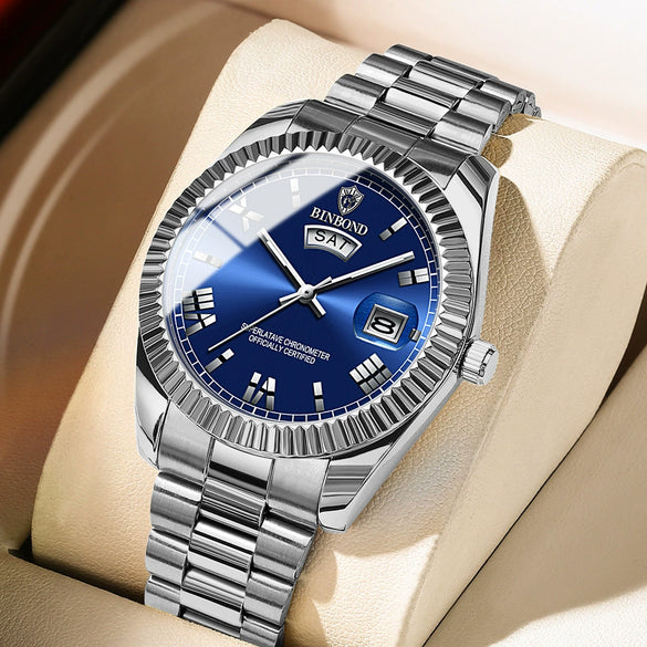 Men's Waterproof Business Style Metal Case Stainless Steel Strap Round Dial Watch