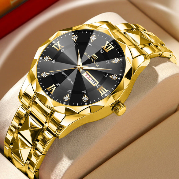 Men's Waterproof Business Watch Metal Case Stainless Steel Strap Rhombus Design