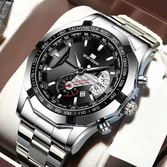 Men's Waterproof Luminous Quartz Metal Case Stainless Steel Band Round Dial Sports Casual Watch