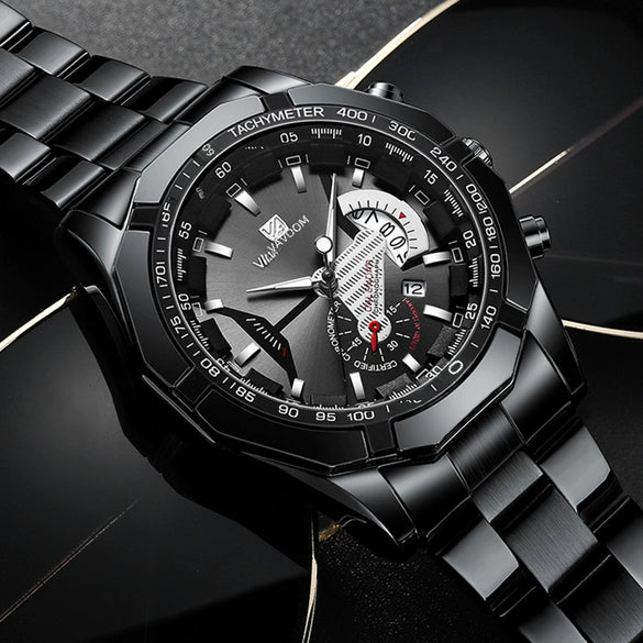 Men's Waterproof Luminous Quartz Metal Case Stainless Steel Band Round Dial Sports Casual Watch