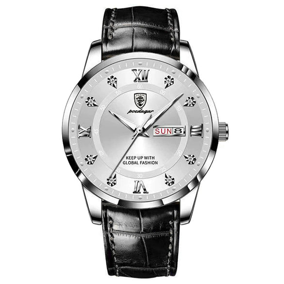 Men's Waterproof Luminous Quartz Watch With Alloy Case Sapphire Glass Mirror Genuine Leather Strap And Stainless Steel Clasp