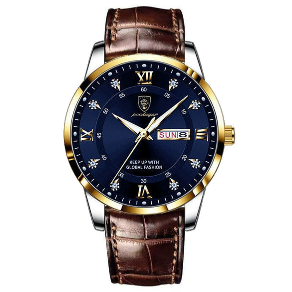 Men's Waterproof Luminous Quartz Watch With Alloy Case Sapphire Glass Mirror Genuine Leather Strap And Stainless Steel Clasp