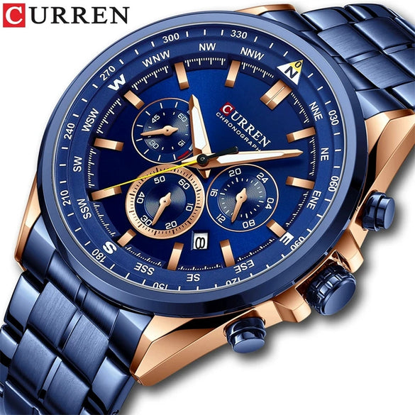 Men's Waterproof Stainless Steel Band Round Dial Multifunction Leisure Watch