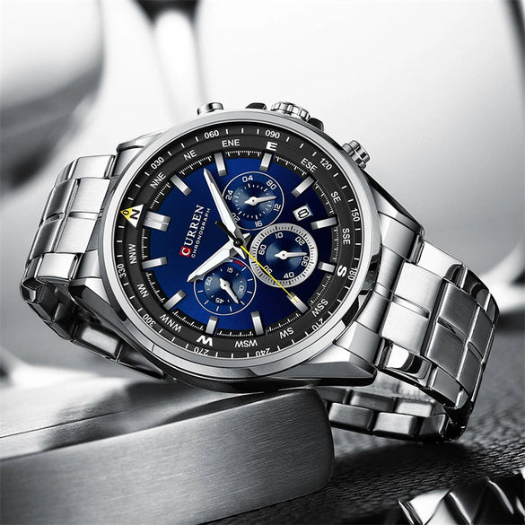 Men's Waterproof Stainless Steel Band Round Dial Multifunction Leisure Watch