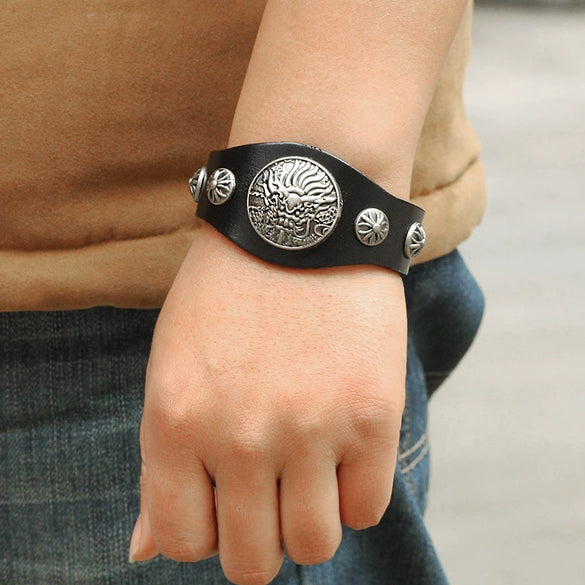 Men's Wide Leather Zodiac Dragon Rivet Alloy Bracelet With Electroplating