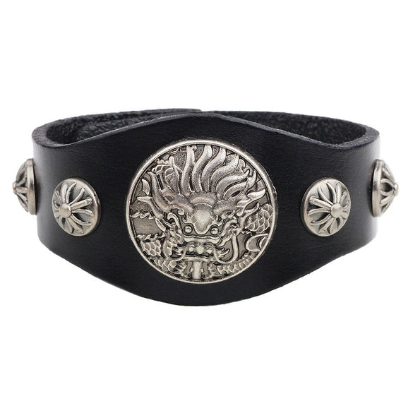Men's Wide Leather Zodiac Dragon Rivet Alloy Bracelet With Electroplating