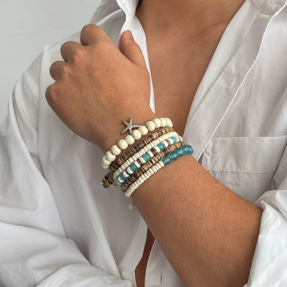 Men's Wood Coconut Shell Beaded Electroplated Bracelet Set Hiphop Trendy Highend