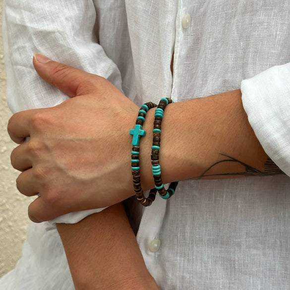 Men's Wooden Bead Handmade Cross Bracelet Hiphop Trendy