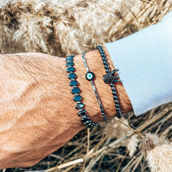 Men's Woven Bracelet Stone Geometric Manual Style Tiger Eye Stone Black Agate