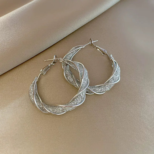 Mesh Crystal Geometric Hoop Earrings With Twisted Hollow Texture Goldplated Zinc Alloy And Rhinestone Embellishment For Women And Men