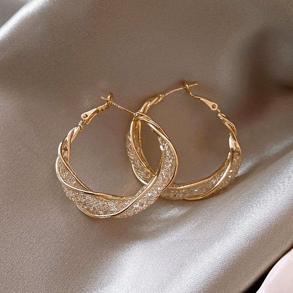 Mesh Crystal Geometric Hoop Earrings With Twisted Hollow Texture Goldplated Zinc Alloy And Rhinestone Embellishment For Women And Men
