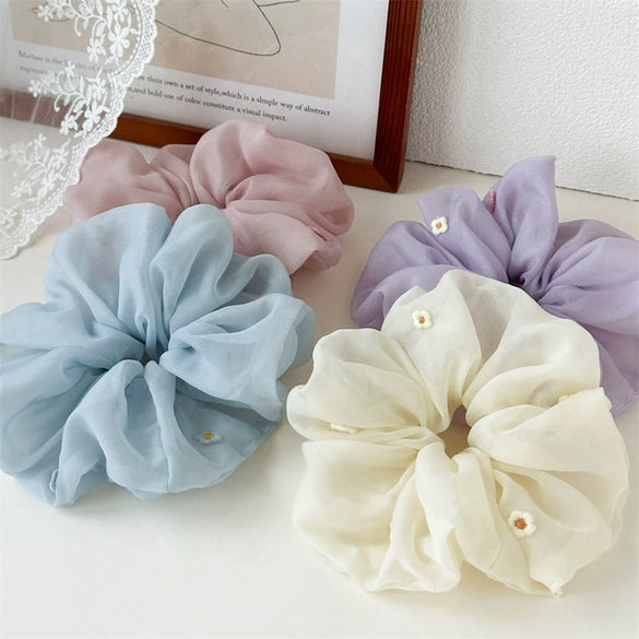 Mesh Handmade Colorful Embroidered Small Flower Scrunchie Hair Accessory For Women