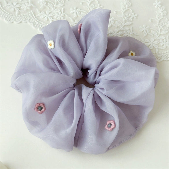 Mesh Handmade Colorful Embroidered Small Flower Scrunchie Hair Accessory For Women