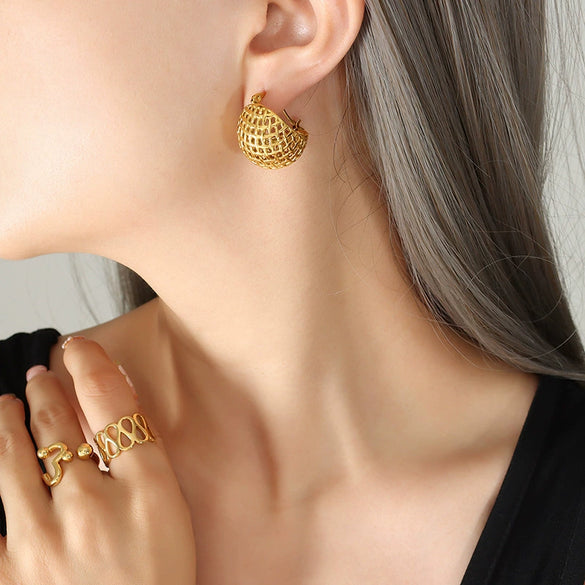 Mesh Hemispherical 316L Stainless Steel Gold Plated Electroplated Geometric Women's Earrings