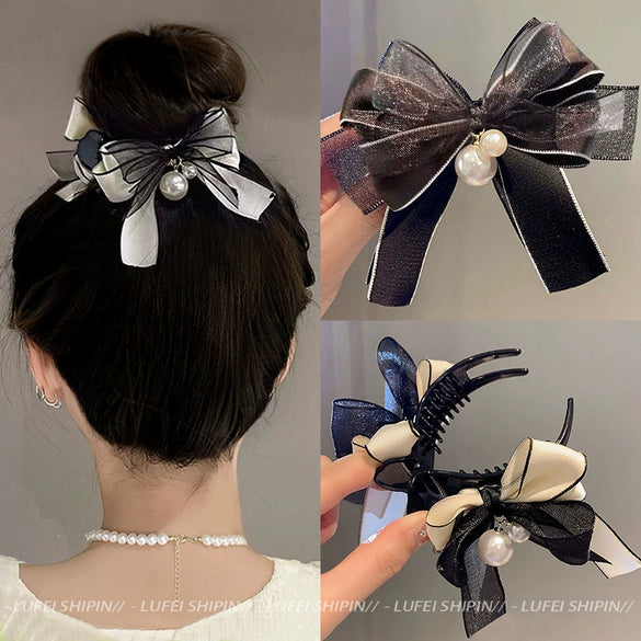 Mesh Pearl Handmade Women's Hair Gripper Headwear With Bow Design