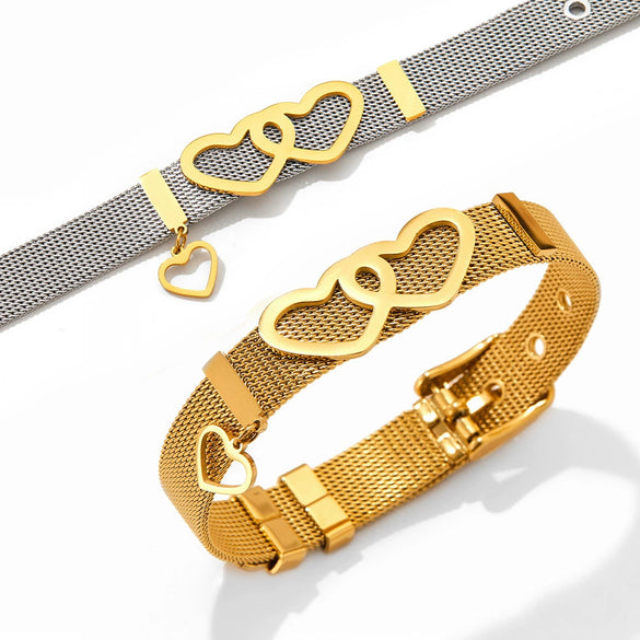 Mesh Stainless Steel Couple Love Bracelet With Heart Pattern Electroplated Treatment