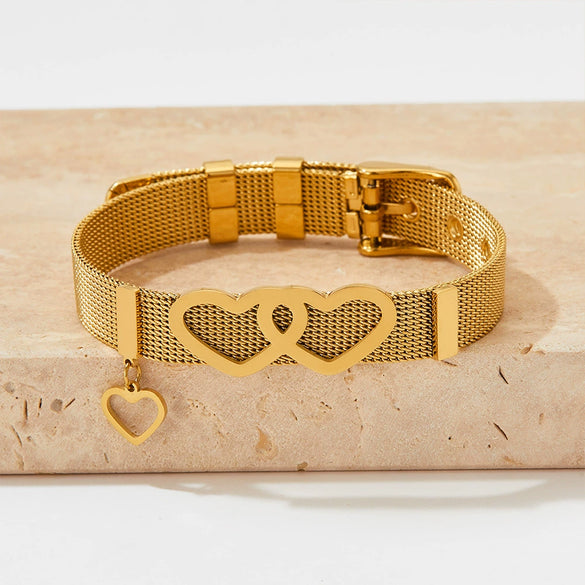Mesh Stainless Steel Couple Love Bracelet With Heart Pattern Electroplated Treatment