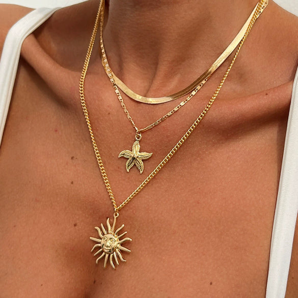 Metal Alloy Geometric Hiphop Electroplated Snake Bone Chain Women's Sunflower Starfish Pendant Clavicle Necklace