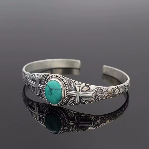 Metal Bohemian Style Turquoise Open Electroplated Bracelet With Retro Pattern For Female