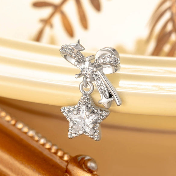 Metal Bow Fivepointed Star Pendant Titanium Steel Ear Nail For Women Electroplated