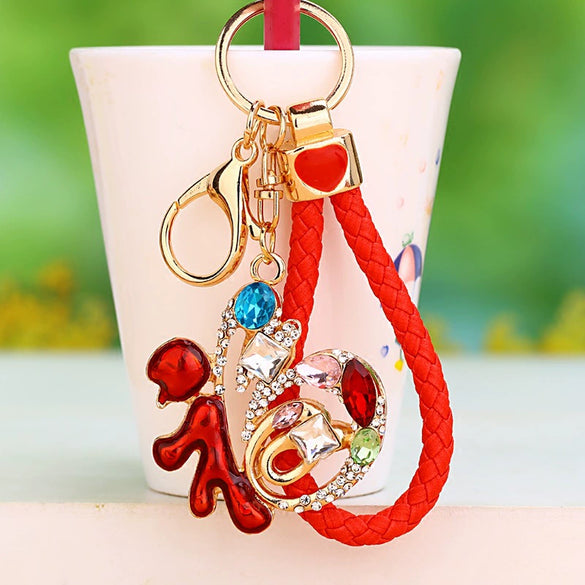 Metal Braided Rope Fu Character Rhinestone Keychain For Female As Gift
