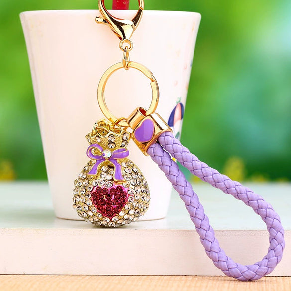 Metal Braided Rope Fu Character Rhinestone Keychain For Female As Gift