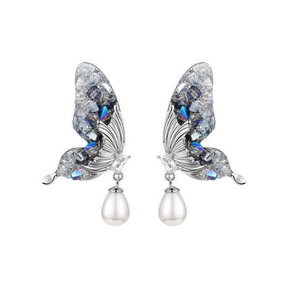 Metal Butterfly Drop Pearl Earrings With Silver Needle Inlaid Glass Beads And Crystal Design