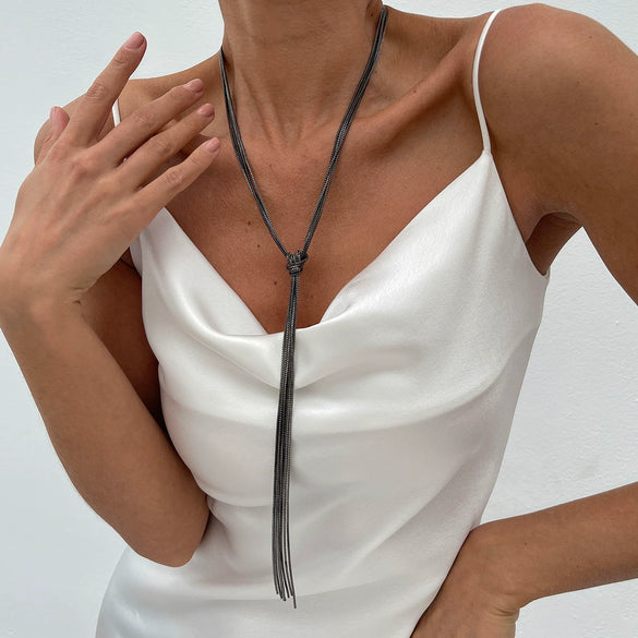 Metal Chain Geometric Knotted Tassel Necklace For Women With Electroplating